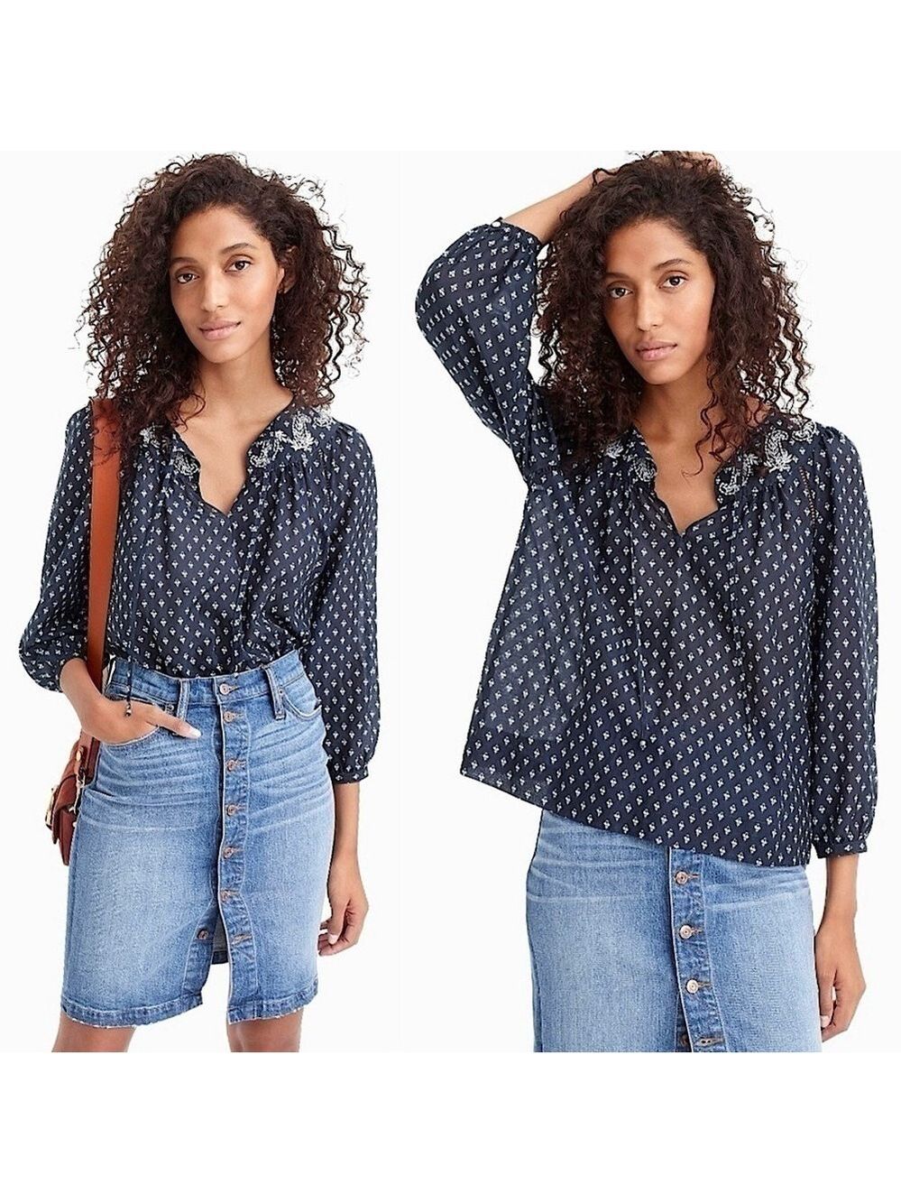 J. Crew Point Sur Embroidered Block Print Peasant Top